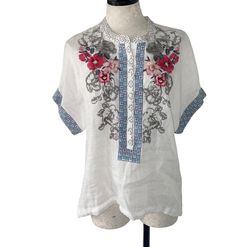 Johnny Was Womens Top Size Small White Embroidered Floral Casual Pure Linen